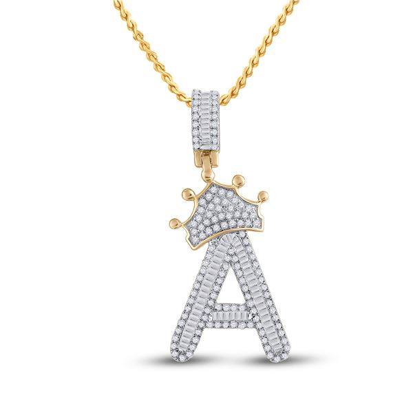 Mens Baguette Diamond Crown A Letter Charm Pendant 7/8 Cttw 10kt Yellow Gold