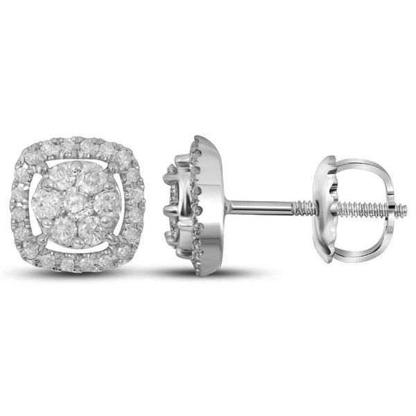 Diamond Flower Cluster Square Frame Earrings 3/8 Cttw 14kt White Gold