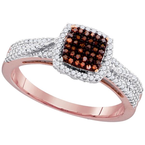 Red Color Enhanced Diamond Square Cluster Ring 1/3 Cttw 10kt Rose Gold