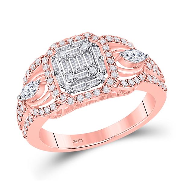 Baguette Diamond 3-Stone Cluster Ring 3/4 Cttw 14kt Rose Gold