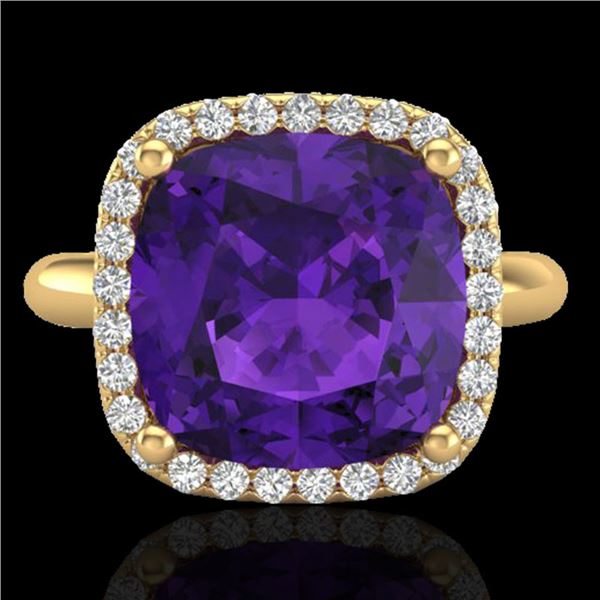 6 ctw Amethyst & Micro Pave Halo VS/SI Diamond Ring 18k Yellow Gold - REF-44H2R