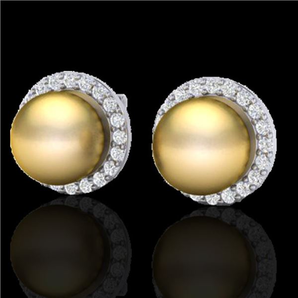 0.50 ctw Micro Pave Diamond & Golden Pearl Earrings 18k White Gold - REF-46N5F