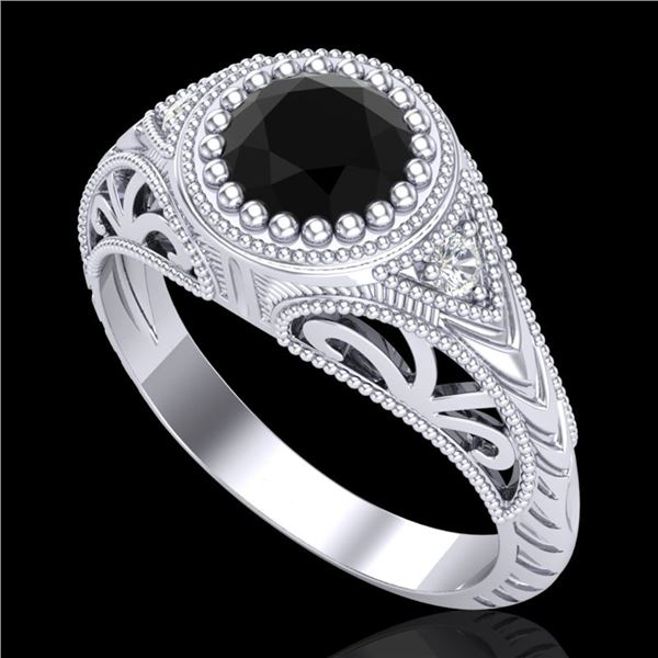 1.07 ctw Fancy Black Diamond Engagment Art Deco Ring 18k White Gold - REF-56X2A