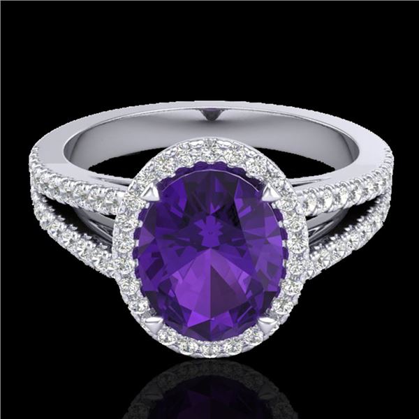 3 ctw Amethyst & Micro VS/SI Diamond Halo Ring 18k White Gold - REF-52R4K