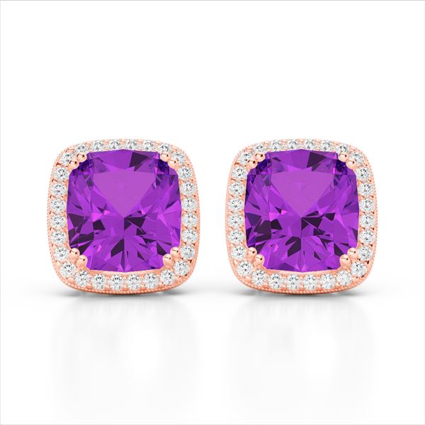 6 ctw Amethyst & Micro Pave VS/SI Diamond Halo Earrings 14k Rose Gold - REF-51Y4X