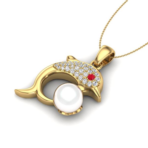 0.65 ctw Diamond & White Pearl Dolphin Necklace 14k Yellow Gold - REF-51K4Y