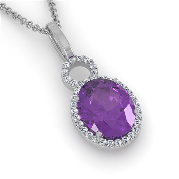 3 ctw Amethyst & Micro Pave VS/SI Diamond Necklace 14k White Gold - REF-33K8Y