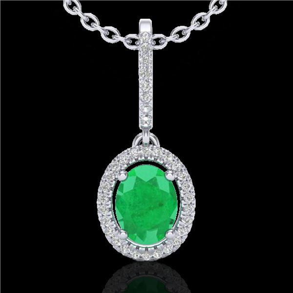 2 ctw Emerald & Micro Pave VS/SI Diamond Necklace Halo 18k White Gold - REF-49N3F