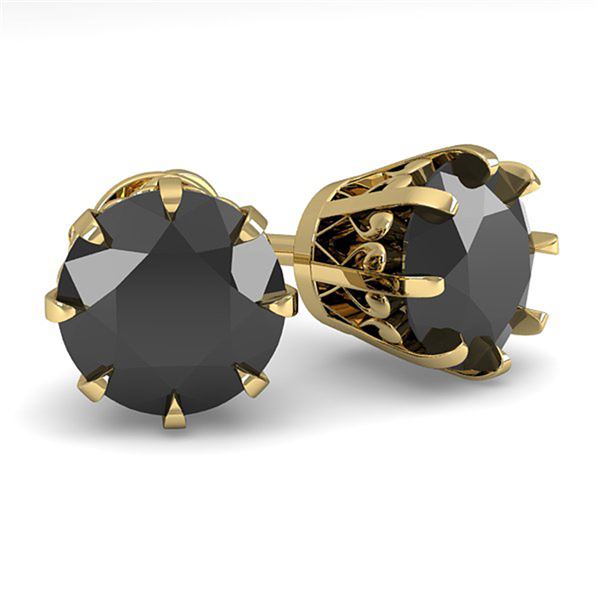 3.0 ctw Black Diamond Stud Solitaire Earrings Vintage 18k Yellow Gold - REF-117M2G