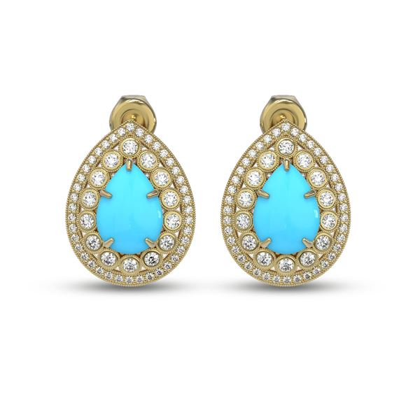 7.54 ctw Turquoise & Diamond Victorian Earrings 14K Yellow Gold - REF-218Y2X