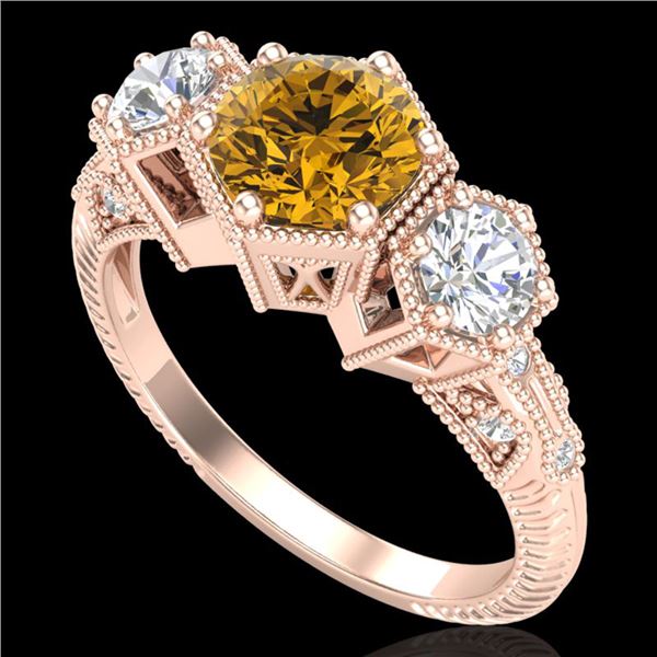 1.66 ctw Intense Fancy Yellow Diamond Art Deco Ring 18k Rose Gold - REF-338X2A