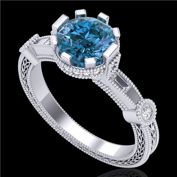 1.71 ctw Fancy Intense Blue Diamond Art Deco Ring 18k White Gold - REF-263N6F