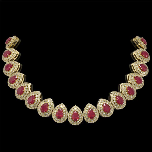 121.42 ctw Certified Ruby & Diamond Victorian Necklace 14K Yellow Gold - REF-3416Y5X