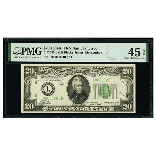 1934A $20 Low Serial San Francisco FRN PMG 45EPQ