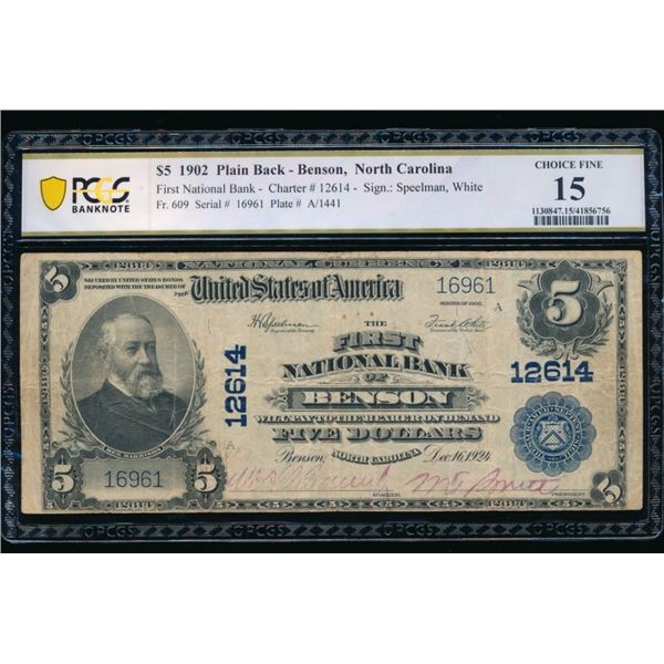 1902 $5 Plain Back Benson NC National PCGS 15