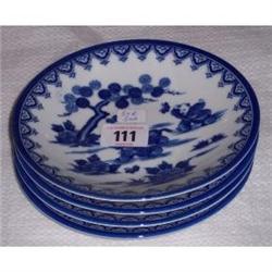 4 ORIENTAL PATTERNED BLUE AND WHITE PLATES