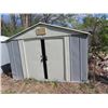 Image 1 : Metal Yard Shed 8'x10' w/ 3 Poly Shelves w/ Plastic Floor Cover  From Estate Please contact For View