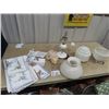 Image 1 : (MF) Cross Stitched Table Cloth, Hand Made Doillies, Milk Glass Lamp & Ceiling Shade - Art Deco