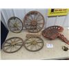 Image 1 : (DS) 4 Wood Wheels - 3 Old 13", 1 Decor 17"- Metal Implement Seat