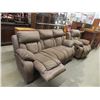 Image 1 : Microsuede Reclining Couch & Matching Reclining Chair- Small Tear on Lower corner of Chair