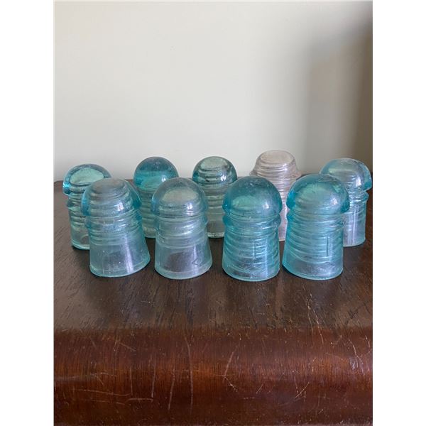9 Glass insulators, blue & white