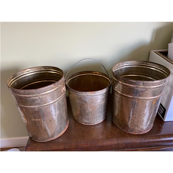 Wooden apple crate with 3 metal pails
