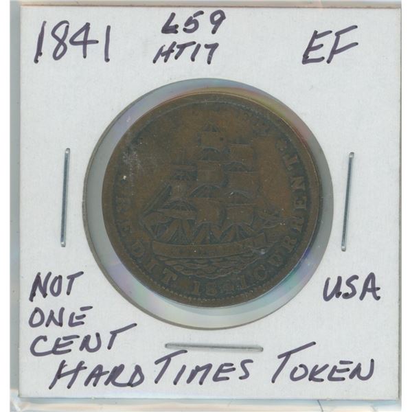 1841 USA Not One Cent Hard Times Token