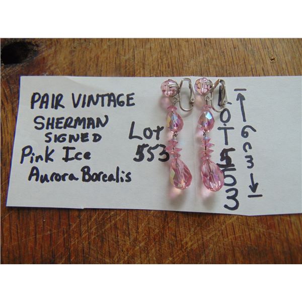 553 PAIR VINTAGE “SHERMAN” SIGNED PINK AURORA BOREALIS CLIP ON EARRINGS