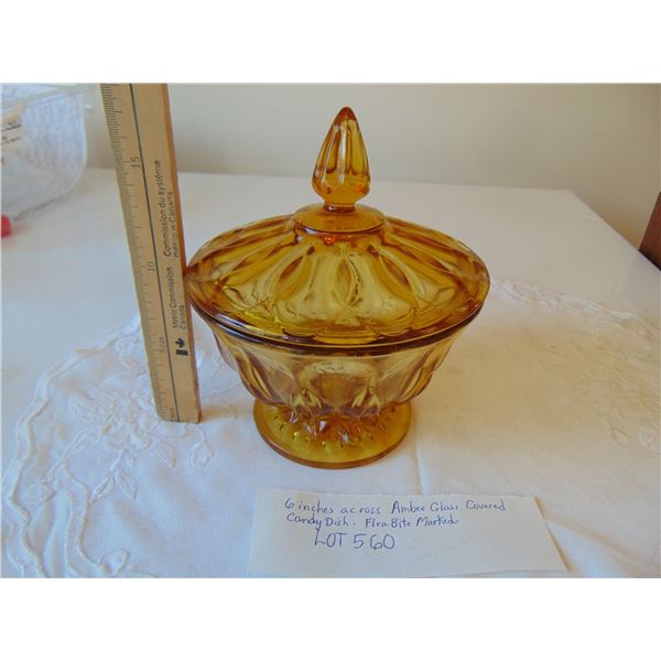 560 AMBER GLASS COVERED CANDY DISH SMALL FLEA BITE MARKED IN PHOTO