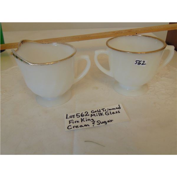 562 GOLD TRIMMED MILK GLASS FIRE KING CREAM & SUGAR SET