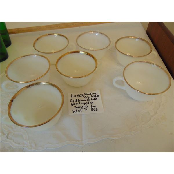 563 7 GOLD TRIMMED MILK GLASS FIRE KING TEA CUPS