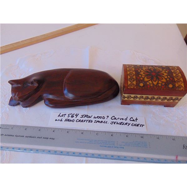 564 IRON WOOD CARVED CAT & HAND CRAFTED JEWELRY BOX