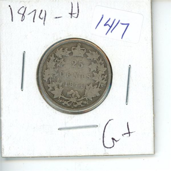 1874H Canadian 25 Cent Coin