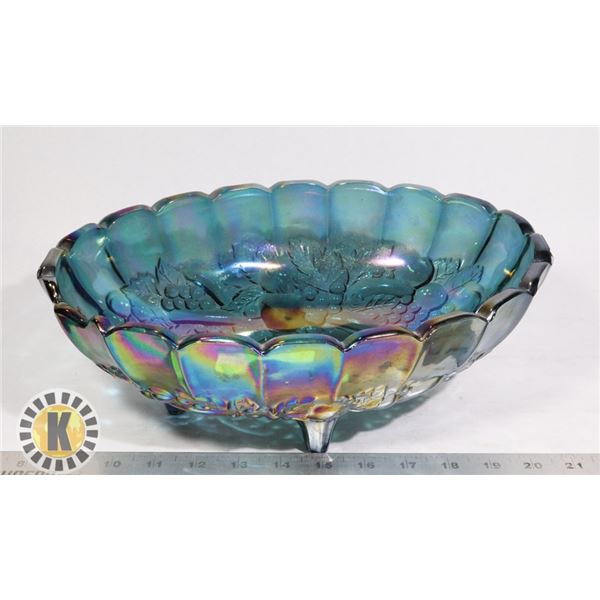 BLUE OVAL FOOTED CARNIVAL GLASS BOWL