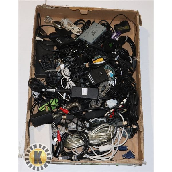 BOX OF POWER CABLES, USB CABLES, USB HUBS AND MORE