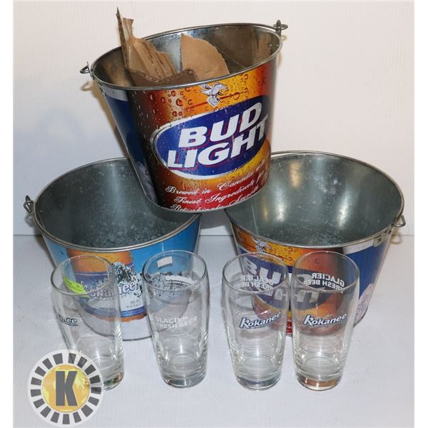 LOT OF 3 BEER BUCKET WITH 4 GLASSES