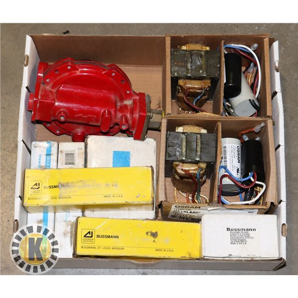 BOX OF BUSSMAN COPPER FUSES. LP GAS REGULATOR