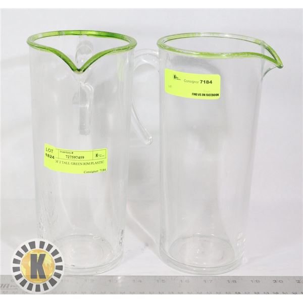 LOT OF 2 TALL GREEN RIM PLASTIC JUG