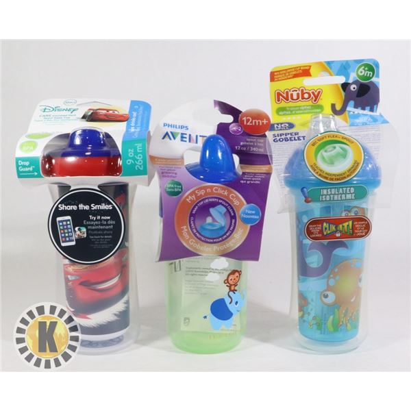 BAG OF BABY BOTTLES, FEEDERS AND CUPS