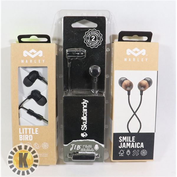 2 MARLEY EAR PHONES & 1 SKULL CANDY JIB EAR PHONE