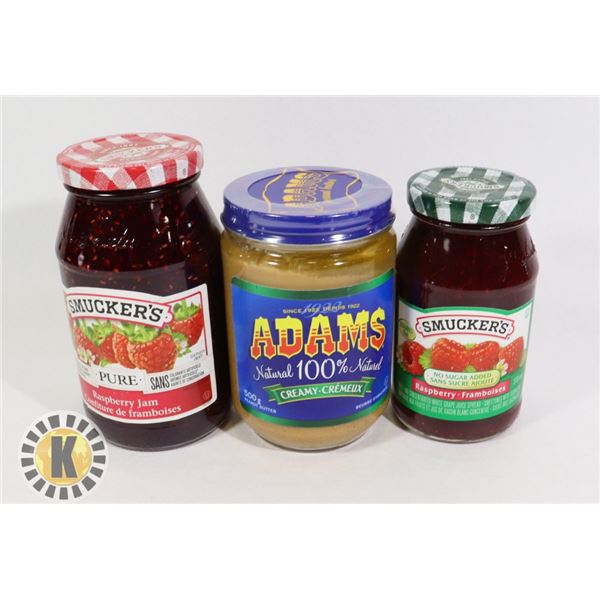 2 ASSORTED SMUCKER'S JAM AND 1 ADAMS PEANUT BUTTER