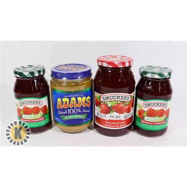 3 ASSORTED SMUCKER'S JAM AND 1 ADAMS PEANUT BUTTER