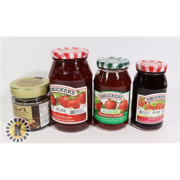 3 ASSORTED SMUCKER'S JAM AND 1 LINDT CHOCOLATE SPD
