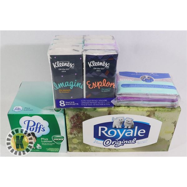 BAG OF KLEENEX AND PACKS OF POCKET TISSUES