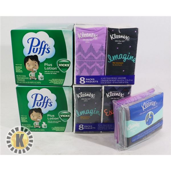 BAG OF KLEENEX AND PACKS OF POCKET TISSUES