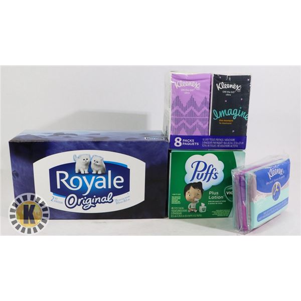 BAG OF KLEENEX AND PACKS OF POCKET TISSUES