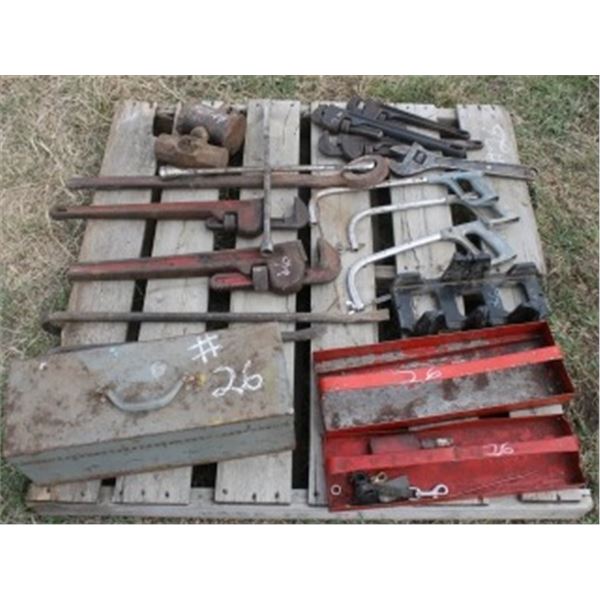 PALLET OF PIPE WRENCHES, CRESCENTS, TOOL BOX, 2 SLEDGE HEADS