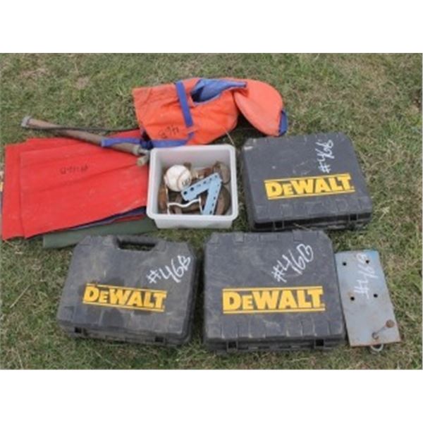 AIR MATTRESS, LIFE JACKET & 3 DEWALT BOXES