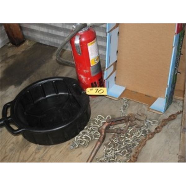 MISC CHAINS, BOOMERS, FIRE EXTINGUISHER, OIL DRAIN