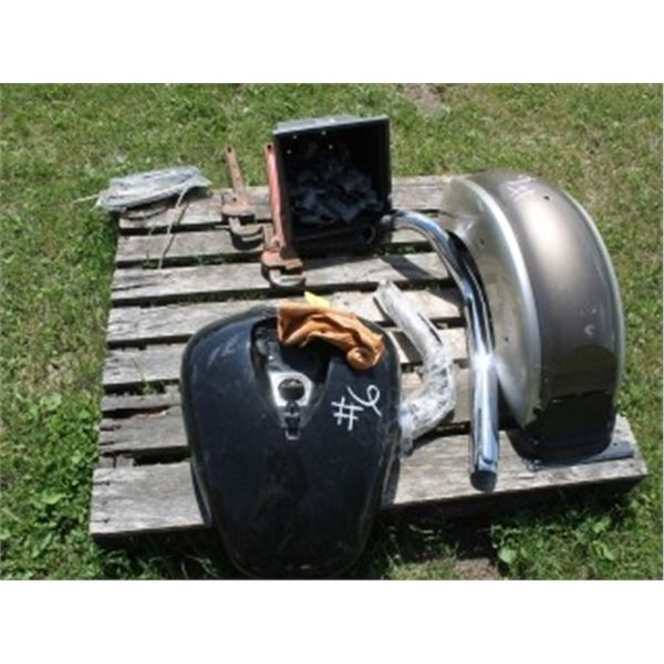 MOTORCYCLE GAS TANK, EXHAUST, FENDER, PIPE WRENCH & CLAMP